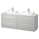 Tannforsen double sink vanity in light grey, with two washbasins, chrome fixtures, and ample storage.