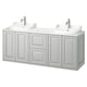 Double bathroom vanity in light grey with two sinks, chrome fixtures, and a marble countertop. Modern and clean design with panel doors and drawers.