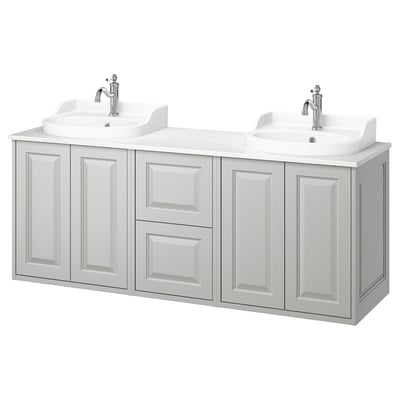 Double bathroom vanity in light grey with two sinks, chrome fixtures, and a marble countertop. Modern and clean design with panel doors and drawers.