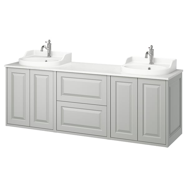 White double washbasin vanity, light grey cabinets.