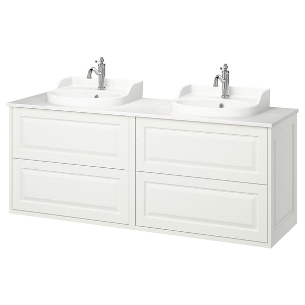 TÄNNFORSEN double white sink vanity, classic design, wall-mounted with drawers, polished chrome taps.