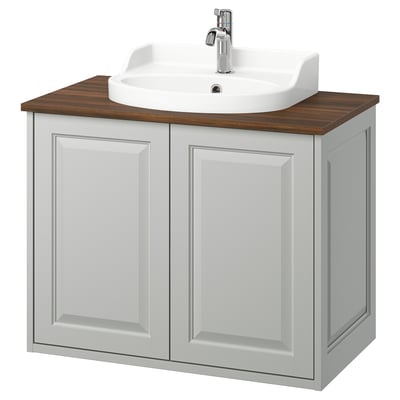TÄNNFORSEN vanilla sink cabinet: wall-mounted, light grey, wooden top, ceramic basin, two doors.