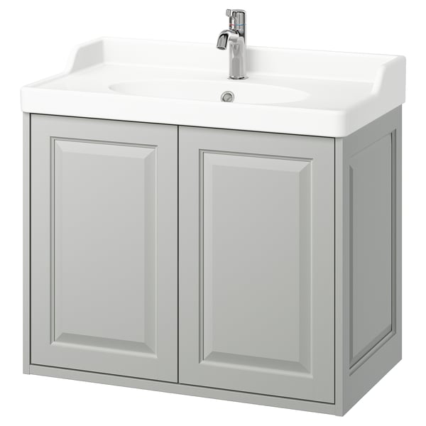 TÄNNFORSEN vanity, light grey, wall-mounted, bevelled edges, ceramic sink, chrome faucet.