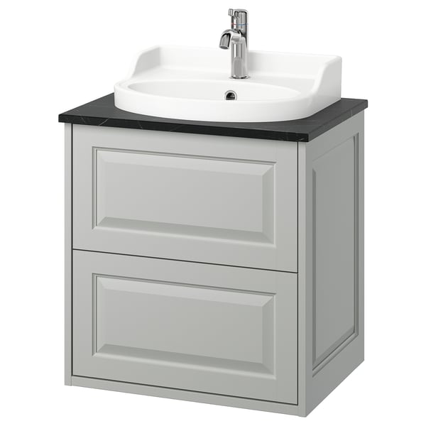 TÄNNFORSEN light grey vanity, classic elegance, white sink, wall-mounted, beveled edges.