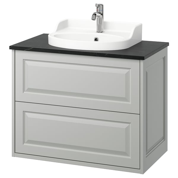 TÄNNFORSEN bathroom vanity: light grey, wall-mounted, ceramic basin, chrome tap, crafted look.