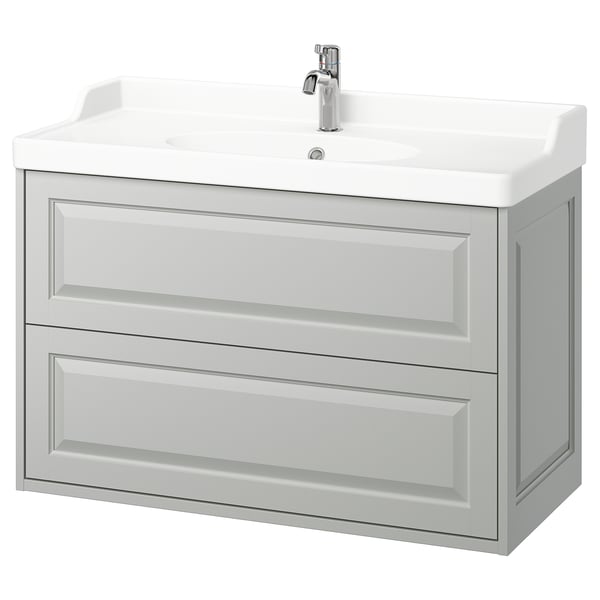 TÄNNFORSEN light grey bathroom vanity. 2 large drawers, ceramic sink, chrome tap, classic design with bevelled edges.