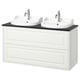 The TÄNNFORSEN vanity is a white wall-mounted unit with two basins and chrome fixtures, offering a classic and clean design.