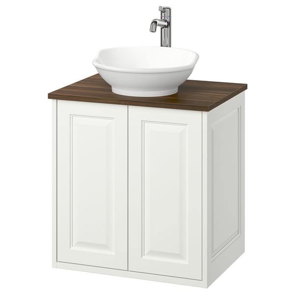 TÄNNFORSEN white bathroom setup: square cabinet, wood top, round white sink.