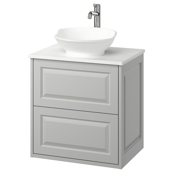 TÄNNFORSEN grey bathroom vanity with marble top & white bowl sink.