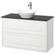 White TÄNNFORSEN bathroom vanity, sleek black countertop, round bowl basin, wall-mounted with classic details.