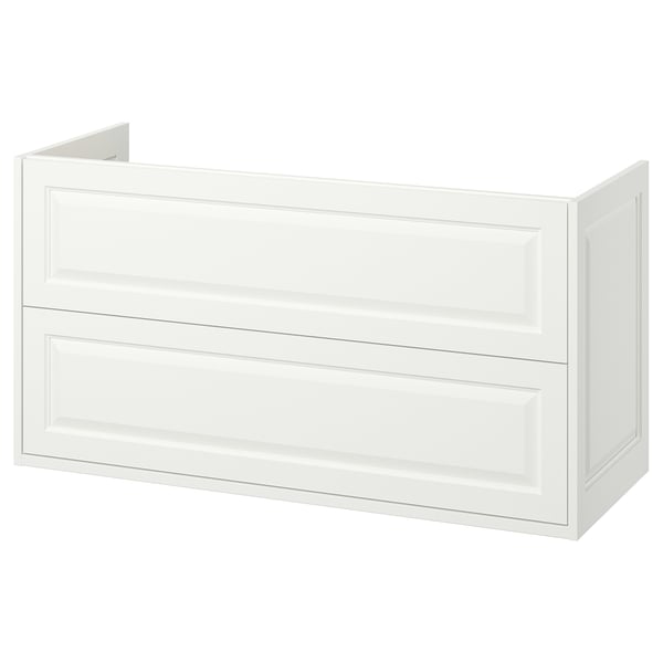 White TÄNNFORSEN bathroom cabinet, classic design with bevelled edges, wall-mountable, two drawers.