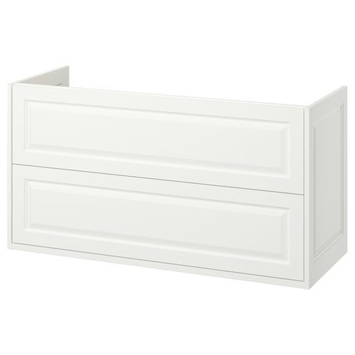 White TÄNNFORSEN bathroom cabinet, classic design with bevelled edges, wall-mountable, two drawers.