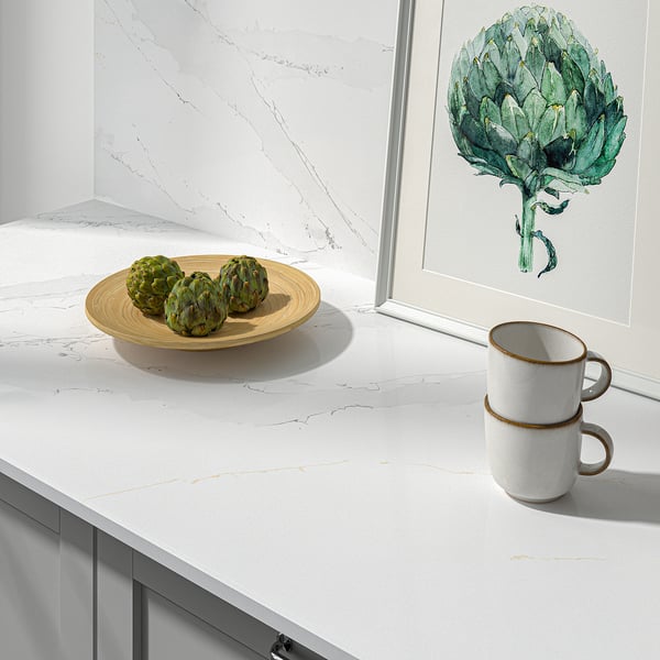 TÄRNHULT Custom made wall panel, white/grey-beige marble effect/glass composite, 1 m²x1.2 cm