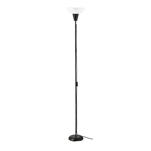 Black TÅGARP floor lamp; slim, tall; white shade; concrete base.