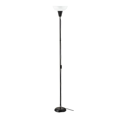 Black TÅGARP floor lamp; slim, tall; white shade; concrete base.