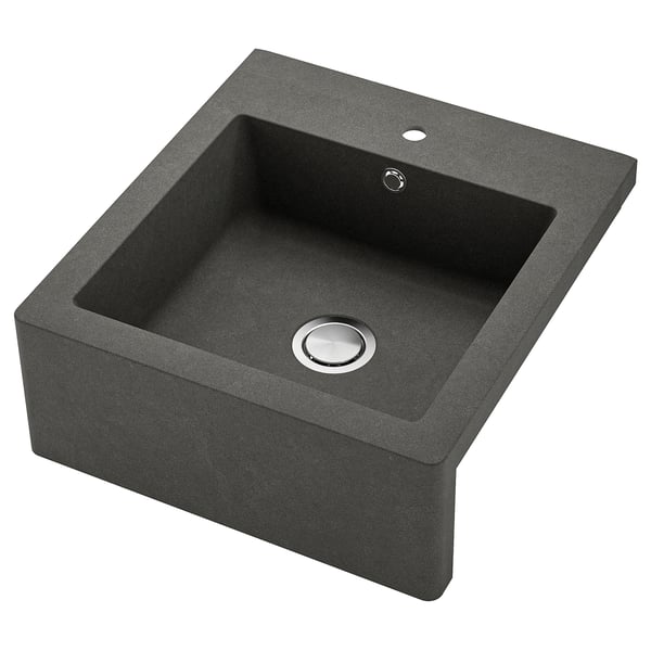 Dark grey quartz composite sink, deep bowl, farmhouse style with chrome drain and tap hole.