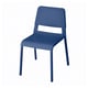 Blue plastic chair, named TEODORES, sturdy & stackable, with a simple, modern design.