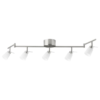 TIDIG, a nickel-plated ceiling spot with five adjustable white glass shades. Modern design for targeted lighting.