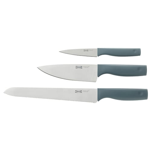 Three TIGERBARB knives in blue-gray colour, featuring stainless steel blades and polypropylene handles, arranged horizontally.