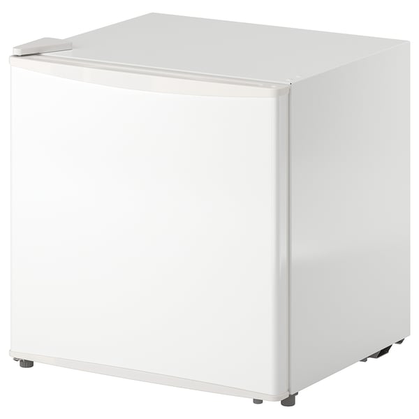 Small white fridge, compact design, glossy finish, four legs, ideal for small spaces.