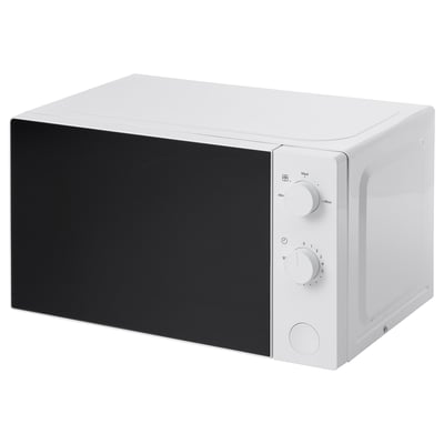 A compact microwave oven, called TILLREDA, in white and black. It has two knobs for controls and is designed for small spaces.