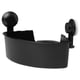 Black TISKEN wall-mounted corner shelf with suction cups, oval shape, stores bathroom essentials.