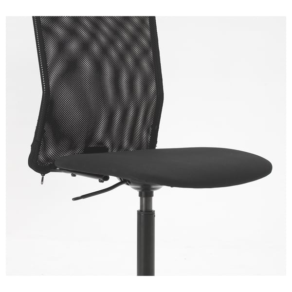 Black office chair with mesh back and seat, height-adjustable gas piston, and safety castors.