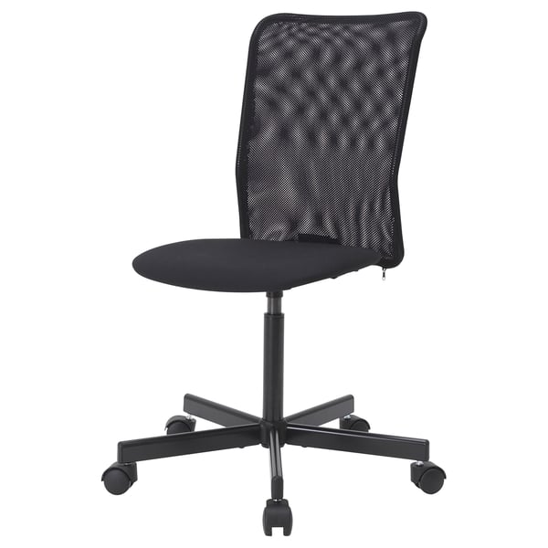 A black TOBERGET office chair. It a mesh back, adjustable height, and five casters for easy movement.