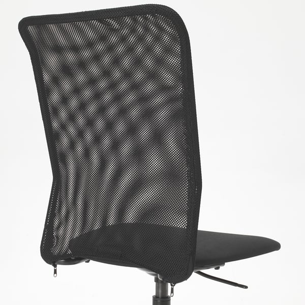 Black office chair with mesh back for breathability, adjustable height, and safety castors.
