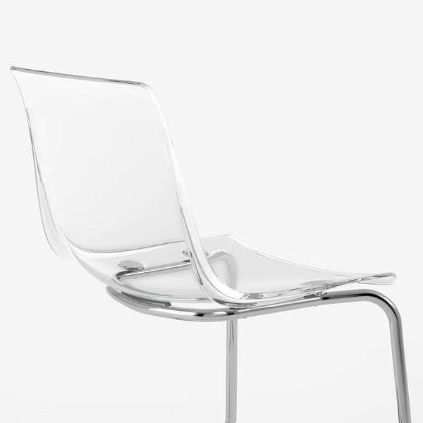 Modern clear chair with sleek, curved seat and chrome legs, exuding contemporary design and comfort.