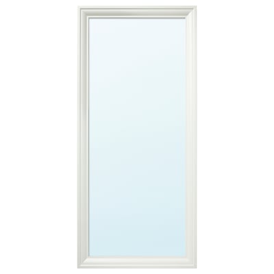 Is of a TOFTBYN mirror with a white frame and simple, moulded edges, suitable for vertical or horizontal hanging.