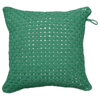 Square green outdoor cushion with woven design.