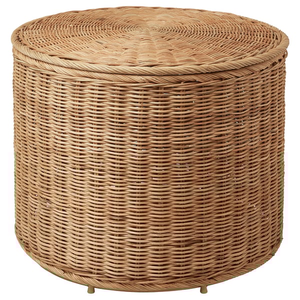 This is the TOLKNING natural wicker round footstool/ottoman with a woven design for storage.
