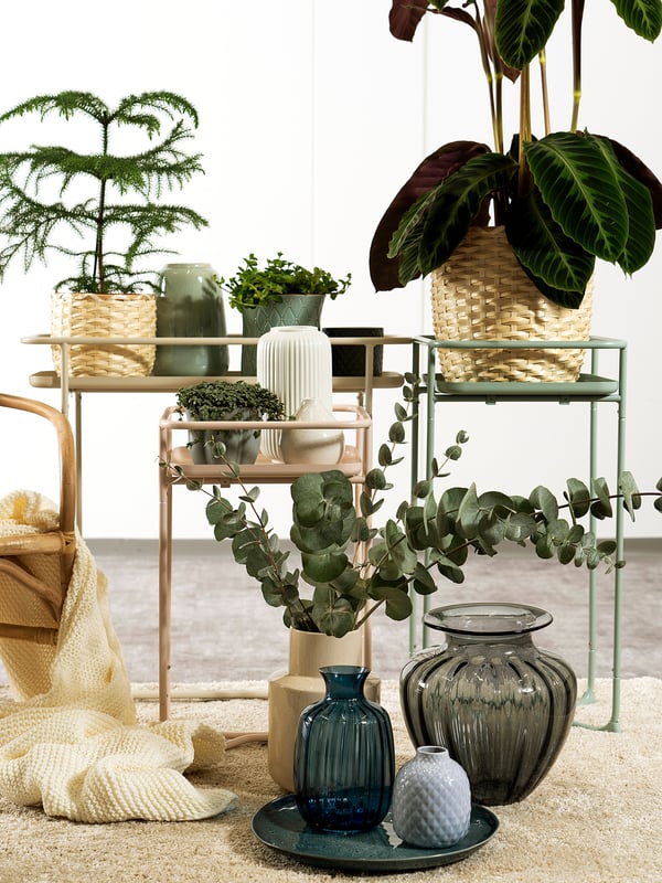 Scenic indoor display with TONSÄTTA vases in blue & white, woven baskets, and potted plants on shelves.