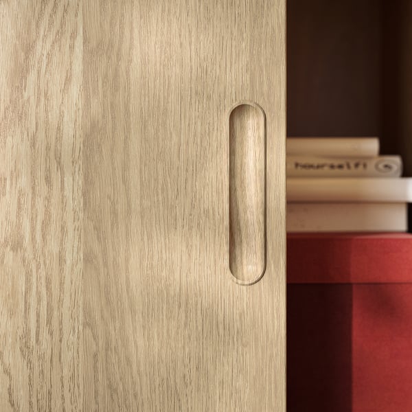 Wooden cabinet door with oval handle, smooth finish, books on right.