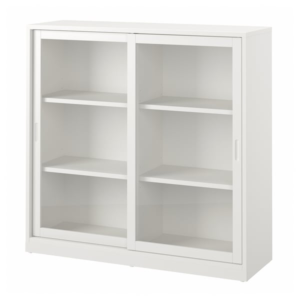 White TONSTAD cabinet, sliding glass doors, three shelves, modern minimalist design.