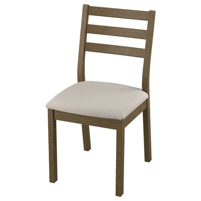 This image shows a TONSTAD chair, featuring a brown wood frame and a beige fabric seat. It has a classic ladder-back design for comfort and support.