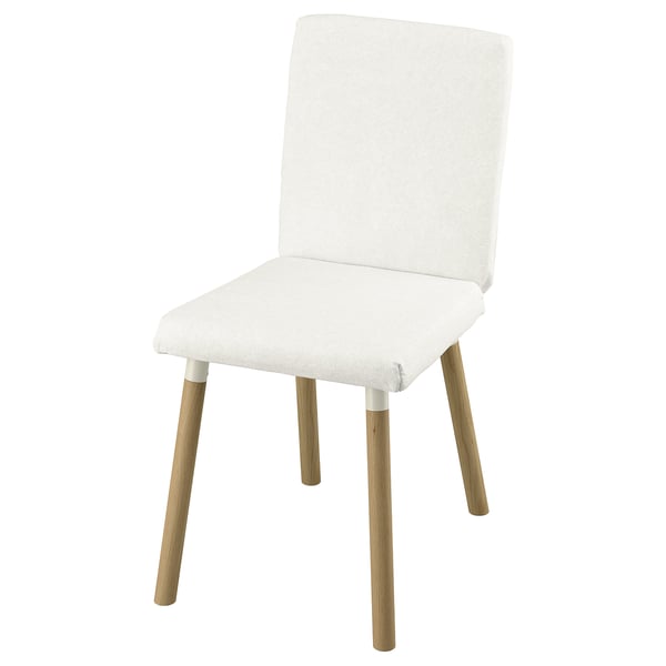 A white TONSTAD chair with wooden legs. It a plush backrest and seat for comfort. The design is modern and minimalist, perfect for dining.