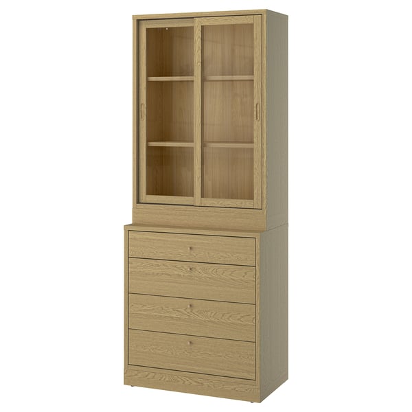 Tall TONSTAD cabinet in oak wood, rectangular shape with drawers and sliding doors.