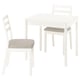 Small white dining set with extendable table, two padded chairs, and a minimalist design.