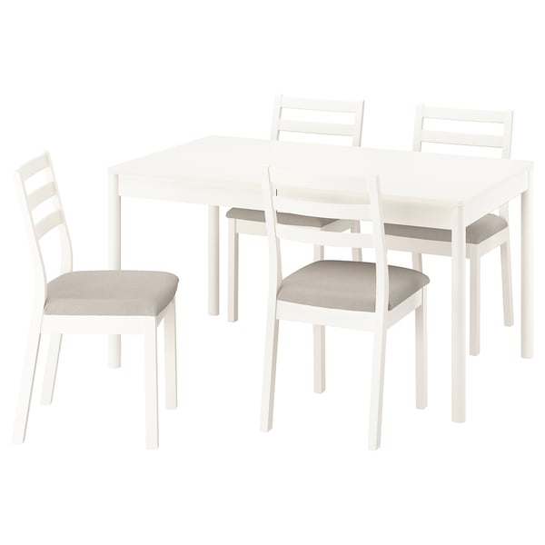 A white TONSTAD dining set with a rectangular table and four matching chairs, each with a cushioned seat and ladder-back design.
