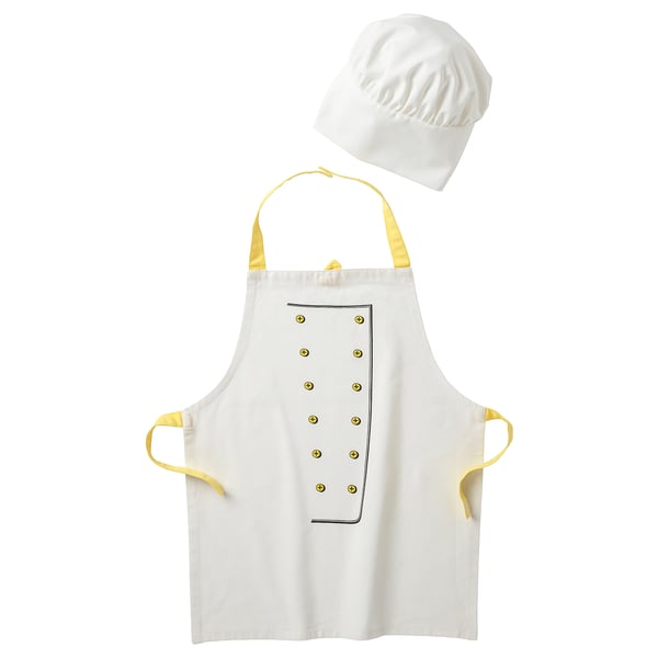 Kids chef set: white apron, hat, yellow straps. Polyester, easy use.