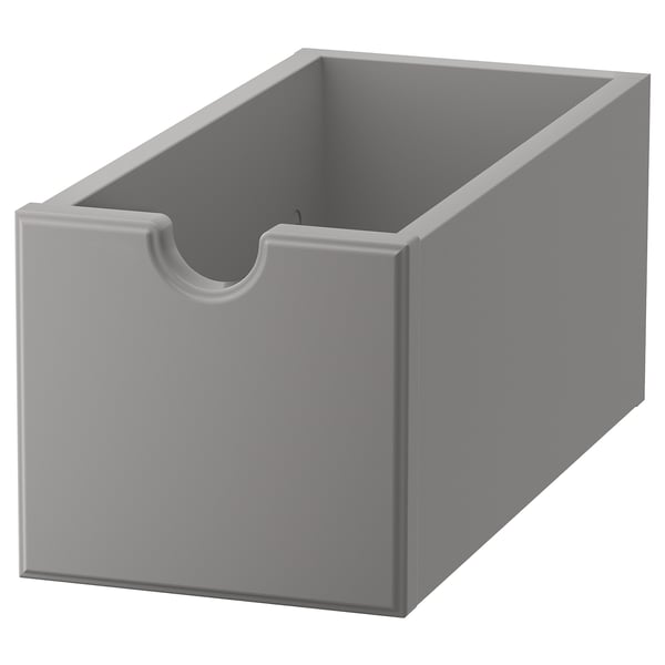 TORNVIKEN grey storage box, made of fibreboard, rectangular shape, open top, modern design.