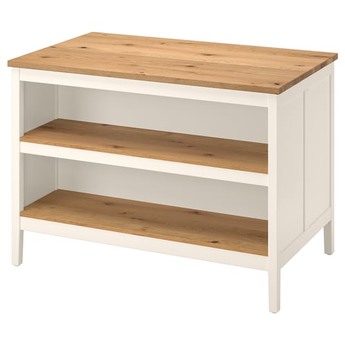 TORNVIKEN white kitchen island, light wood top, three shelves, rectangular.