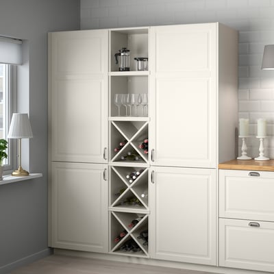 White wine cabinet with open bottle & glass storage, fits neatly in kitchen.