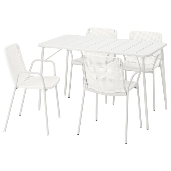 All-white TORPARÖ outdoor furniture set with rectangular table and four chairs. Modern design, powder-coated steel, and plastic for durability.