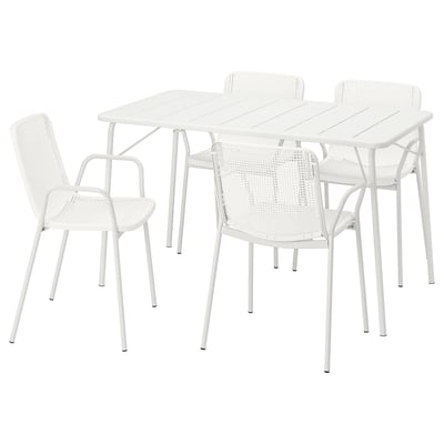 All-white TORPARÖ outdoor furniture set with rectangular table and four chairs. Modern design, powder-coated steel, and plastic for durability.