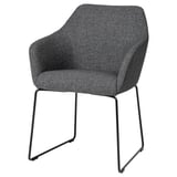 TOSSBERG grey upholstered chair, curved back, durable fabric, metal legs.