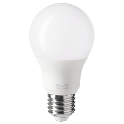 IKEAs TRÅDFRI smart light bulb, white, spherical with e26 base, made of polycarbonate.