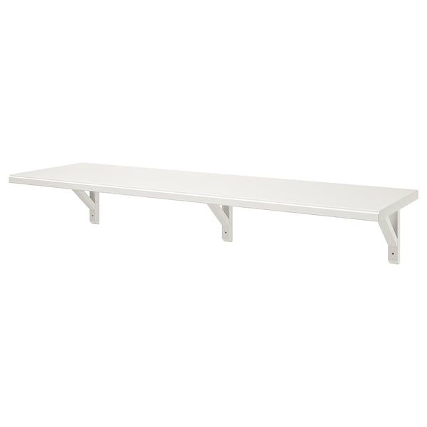 TRANHULT white wooden shelf with clear lacquer, two angled brackets, smooth beveled edge.